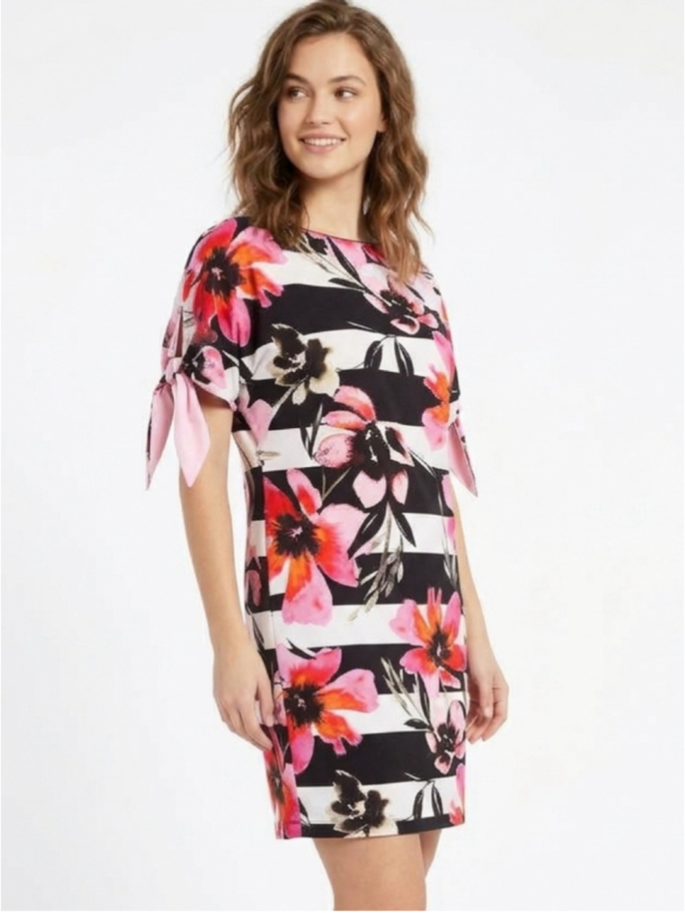 VINCE CAMUTO Floral Stripe Tie Sleeve Shift Dress Pink Black White Satin Size 4